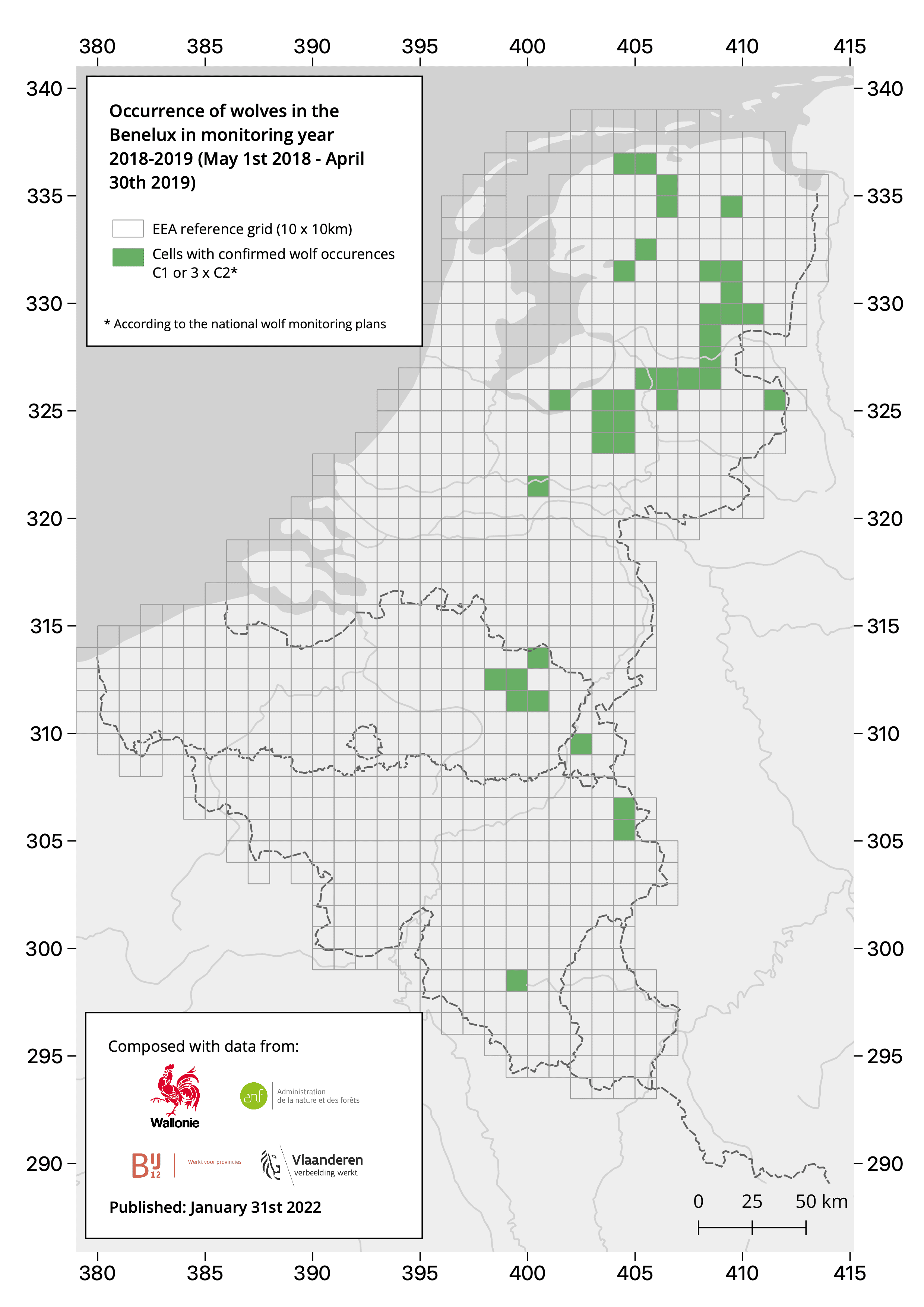 Illustratie van de verspreiding van de wolf in de Benelux 2018 - 2019