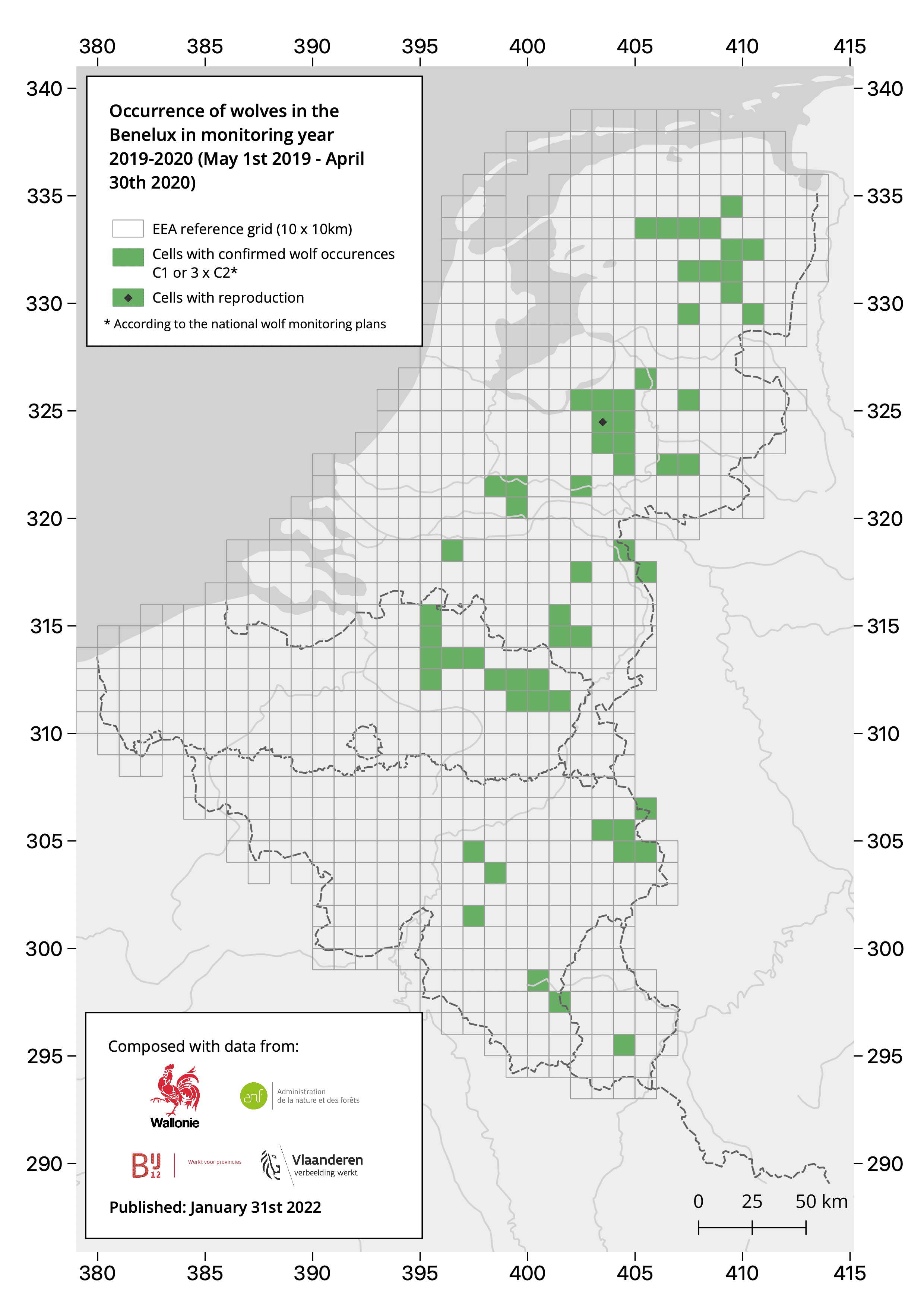 Illustratie van de verspreiding van de wolf in de Benelux 2019 - 2020